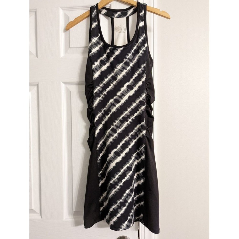 Lola by AFG Racerback Athletic Tank Dress Sz XS Ruched Black White Shelf Bra